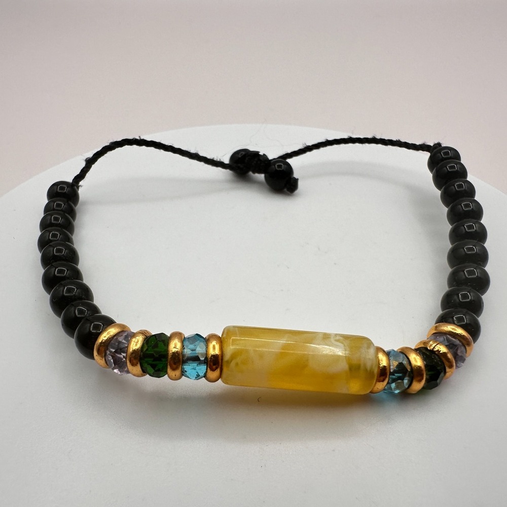 Vintage Gold Tone Black Beaded Adjustable Bracelet with Amber Tube Boho